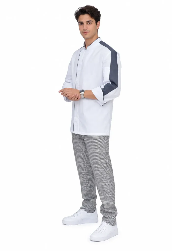 Cuisinier en veste de cuisine blanche à bande grise et pantalon pied-de-poule