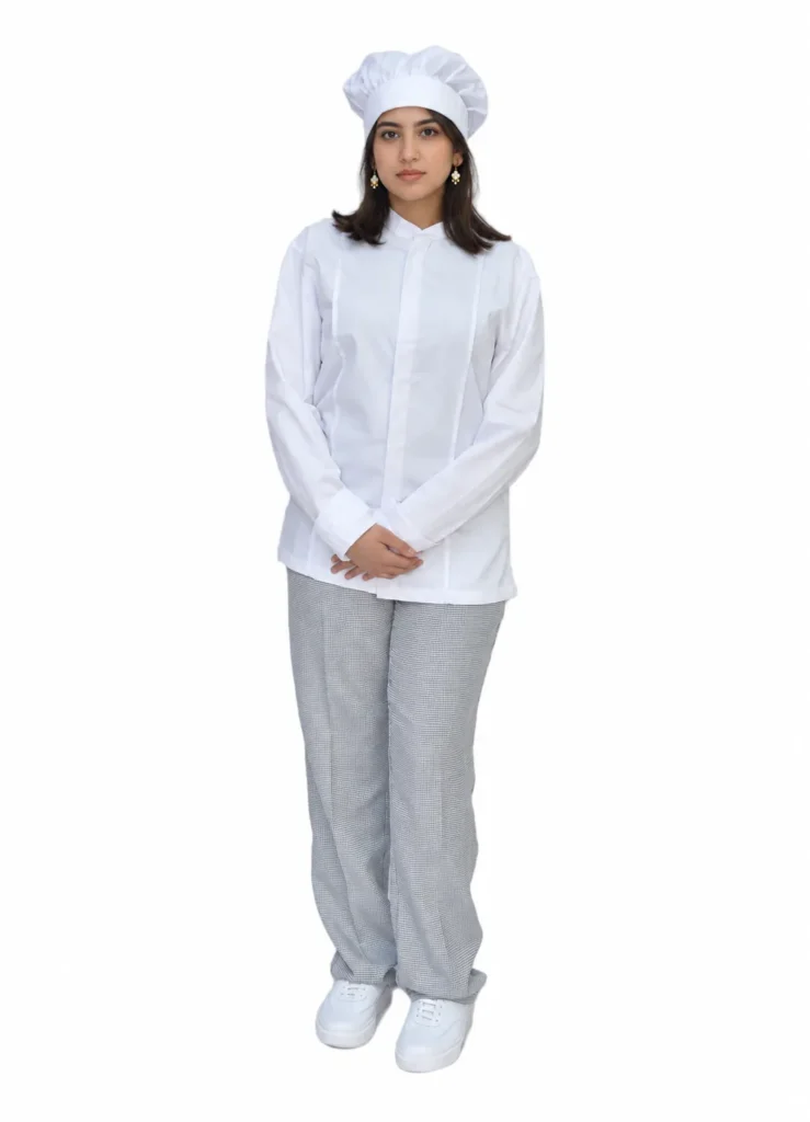 Cheffe en veste de cuisine blanche, pantalon gris et toque