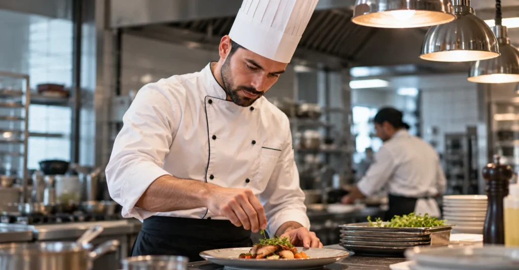 Chef cuisinier en veste blanche à passepoil noir, toque et tablier noir dressant une assiette en cuisine professionnelle