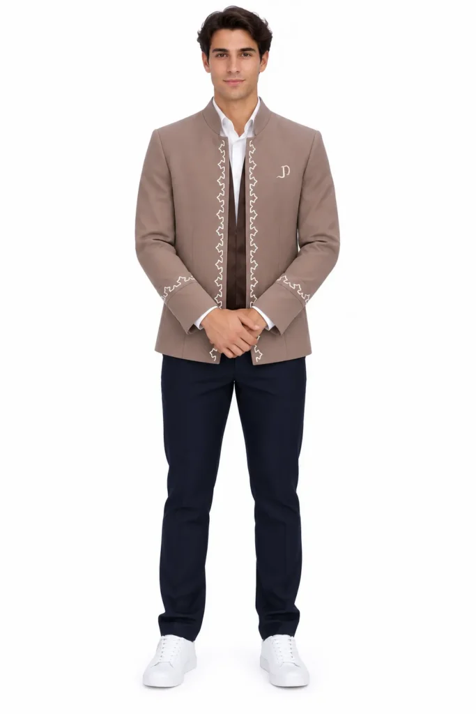 Veste d’accueil homme taupe ornée de broderies traditionnelles
