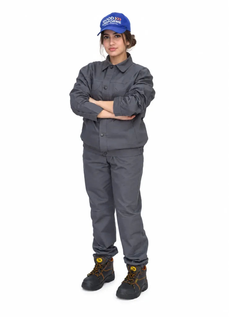 Ouvrière en veste et pantalon de travail gris avec chaussures de sécurité