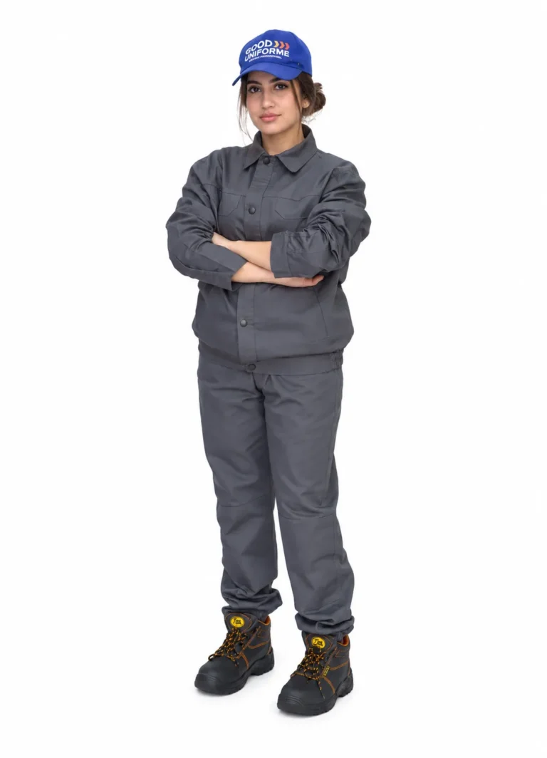 Ouvrière en veste et pantalon de travail gris avec chaussures de sécurité