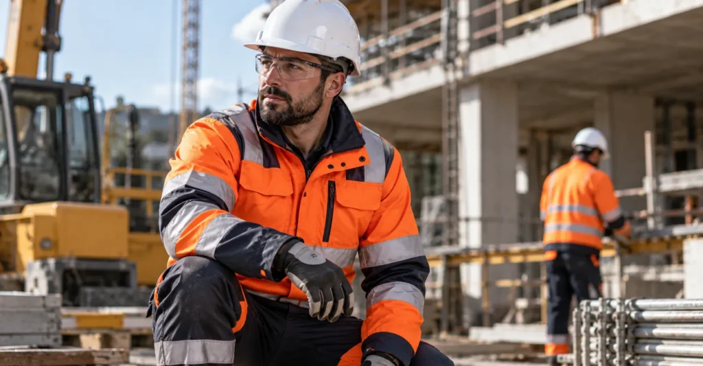Ouvrier en veste haute visibilité orange à bandes réfléchissantes, casque blanc, lunettes et gants de protection sur un chantier
